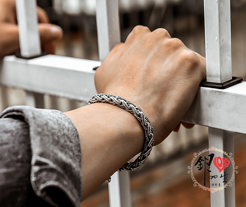 925純銀 復古 個性 粗曠 麻花 編織 男 手鍊 