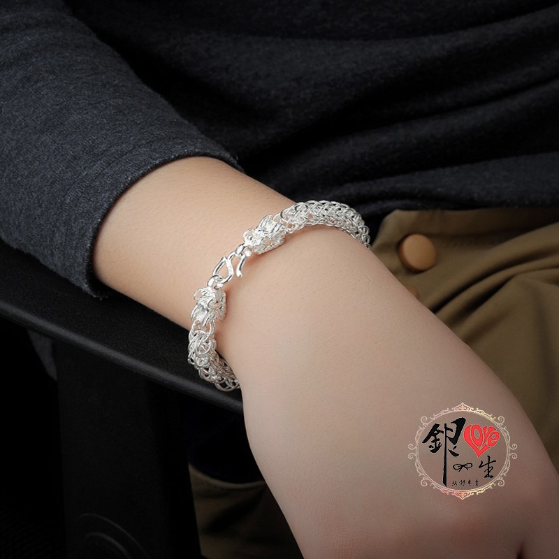 925純銀 雙龍頭 圓環編織 男 手鍊