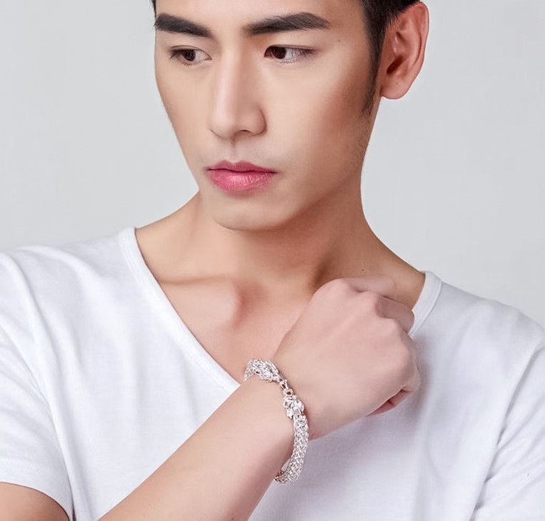 925純銀 雙龍頭 圓環編織 男 手鍊