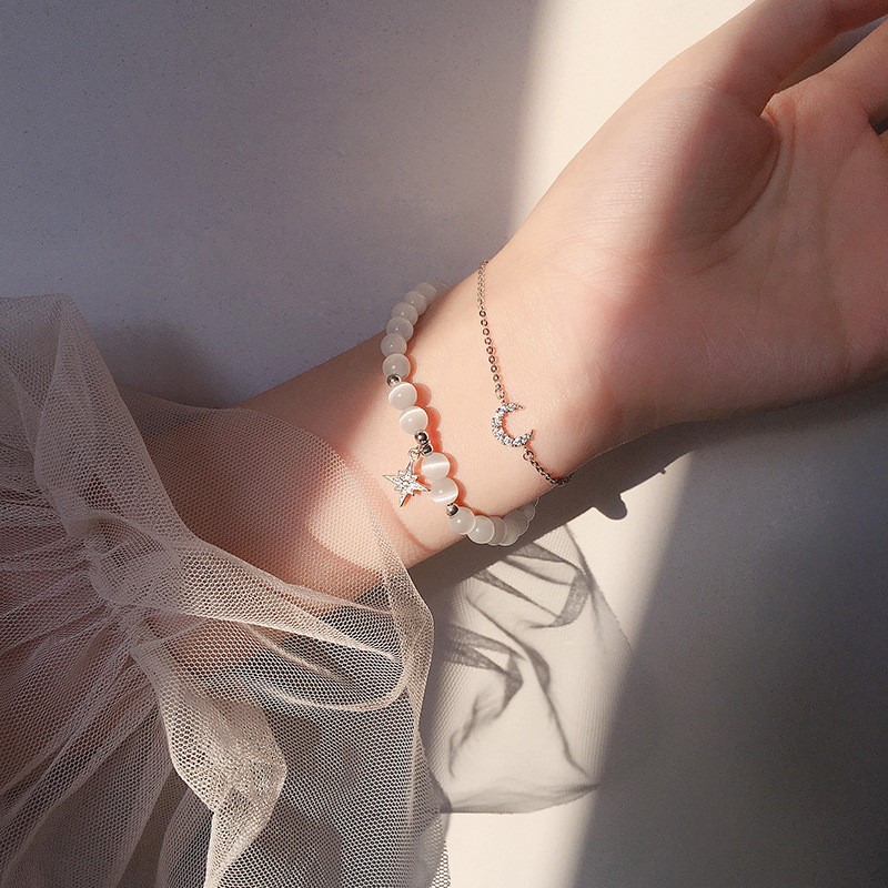 s925純銀 日月星辰 貓眼石 雙條 手鍊