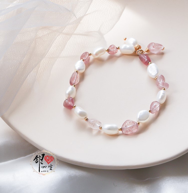 s925純銀 草莓水晶 巴洛克珍珠 伸縮 手鍊 