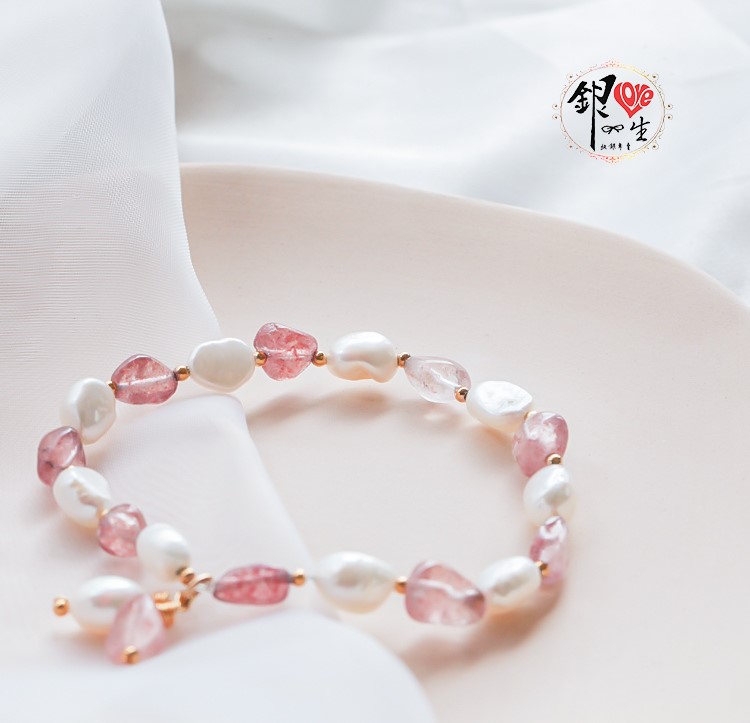 s925純銀 草莓水晶 巴洛克珍珠 伸縮 手鍊 