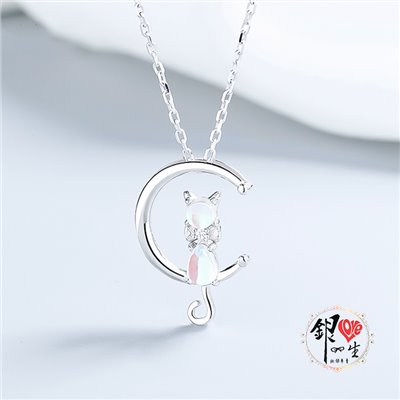 s925純銀項鍊  月光石 月亮喵咪 項鍊