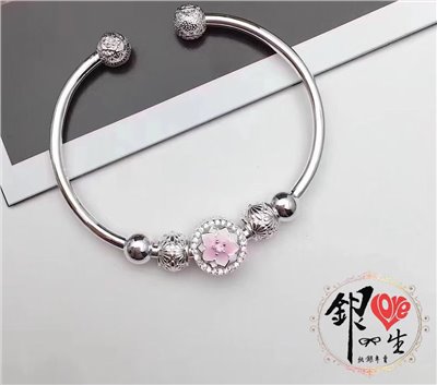 s999純銀 粉色小花精緻串珠式 手鐲