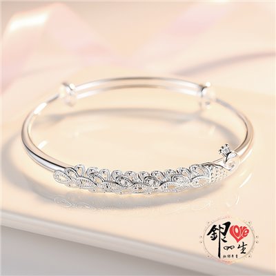 s999純銀 中國風 孔雀造型 推拉手鐲