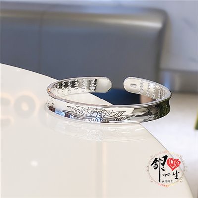 s999純銀 六字真言  凹面造型 蓮花手刻心經 手鐲