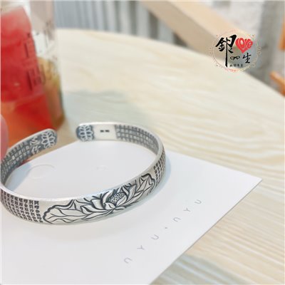s999純銀 六字真言  圓面造型 蓮花復古心經 手鐲 