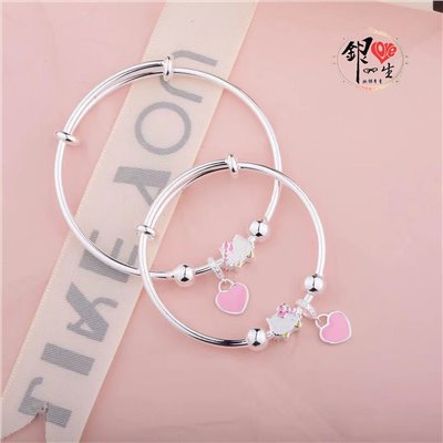s999純銀 可愛貓 粉色蝴蝶結 超Q 推拉童鐲