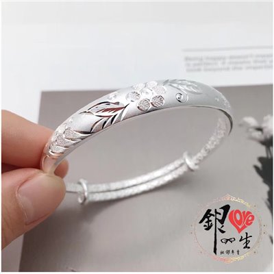 s999純銀 繁花似錦 噴砂 精緻 推拉手鐲 
