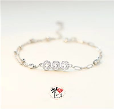 s925純銀 不對稱 雙層 銅錢造型 招財 好運 手鍊