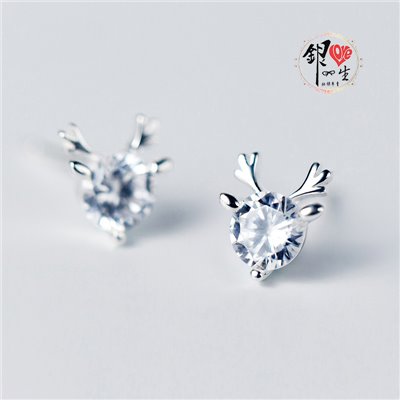 s925純銀耳釘  簡約閃鑽 鹿角 耳釘式 耳環