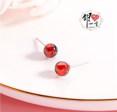 s925純銀 紅石榴石 簡約  耳釘式 耳環