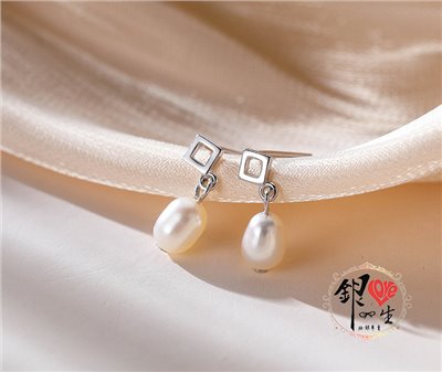 s925純銀 天然珍珠 菱形 垂墜 耳針式 耳環