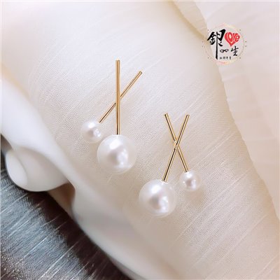  s925純銀 貝珠 金色交織 耳釘式 耳環