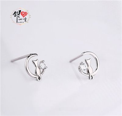  s925純銀 月亮貓咪 耳釘式 耳環