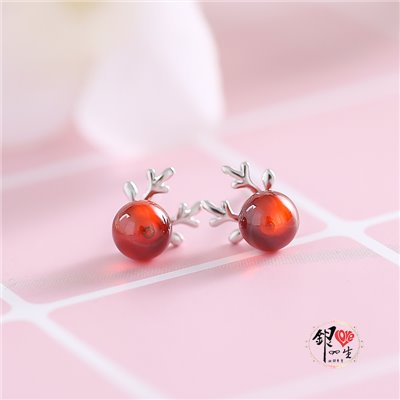 s925純銀  一鹿有你 紅石榴石 耳釘式 耳環