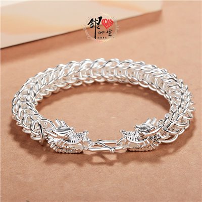 925純銀 雙龍頭 圓環編織 男 手鍊