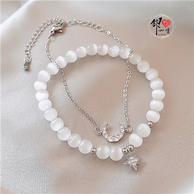 s925純銀 日月星辰 貓眼石 雙條 手鍊