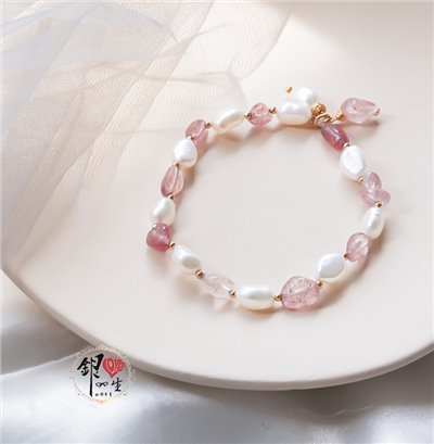 s925純銀 草莓水晶 巴洛克珍珠 伸縮 手鍊 